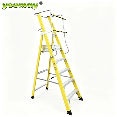 Kekuatan Reka Bentuk Perindustrian Fiberglass Large Platform Tangga 8 Langkah Keselamatan Mudah Alih Yellow FRP Tangga Sokongan Handrail